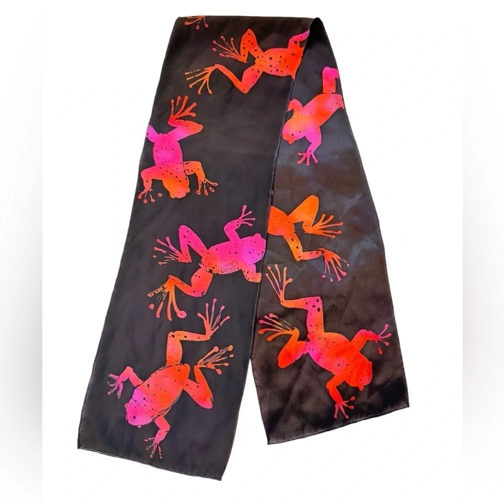 Black Silky Scarf with Pink and Orange Iridescent Frogs Size 8 x 52 inches